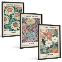 Tulup 4-Delige Schilderij Set - Bloemenposters Tokio Parijs Londen - 40 x 60 cm - Wanddecoratie - Muurdecoratie - Woonkamer - Woonkamer Decoratie