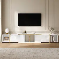 OKWISH TV-Meubel – Uitschuifbaar – Hoogglansfronten – Open Vakken En Gesloten Opbergruimte – Wit Spaanplaat – 275 Cm