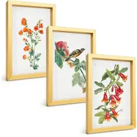 Tulup 4-Delige Schilderij Set - Geschilderde retro bloemen en een vogel op een tak - 20 x 30 cm - Wanddecoratie - Muurdecoratie - Woonkamer - Stijlvolle Muurdecoratie