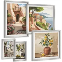 Tulup 4-Delige Schilderij Set - Gezellige straatjes en bloemenaccenten in mediterrane stijl. - 50 x 50 cm, 20 x 30 cm en 40 x 60 cm - Wanddecoratie - Woonkamer Decoratie - Interieur Decoratie