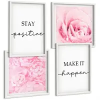Tulup 4-Delige Schilderij Set - Minimalistische, inspirerende roze bloemenletters - 40x40 en 40x60 - Wanddecoratie - Muurdecoratie - Woonkamer - Stijlvolle Muurdecoratie
