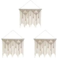 Typecat 3X Macrame Muur Opknoping Boho Geweven Tapijt, Beige Witte Kwast Decor Gordijn voor Thuis Achtergrond (Hout Stok Niet Inbegrepen)