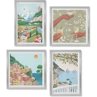 Wallfluent 4-Delige Schilderij Set - Uitzicht op zee met pastelkleurige huizen - 40 x 40 cm en 40 x 60 cm - Wanddecoratie - Muurdecoratie - Moderne Interieurdecoratie - Interieur Decoratie