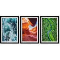 Wallfluent 3-Delige Schilderij Set - Water In Beweging, Kloof En Bos, Groene Natuur - 40 x 60 cm - Stijlvolle Wanddecoratie - Interieur - Interieur Decoratie
