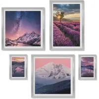 Wallfluent 4-Delige Schilderij Set - Natuurlandschappen met lavendelvelden en bergen - 50 x 50 cm, 20 x 30 cm en 40 x 60 cm - Wanddecoratie - Muurdecoratie - Woonkamer
