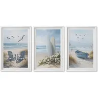 Wallfluent 3-Delige Schilderij Set - Strand Met Surfplanken, Boten En Vogels - 40 x 60 - Muurdecoratie - Wanddecoratie - Slaapkamer