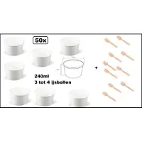 TakeAware 500 stuks IJsbeker wit 240ml karton met 500 stuks IJslepel hout - 3 a 4 bollen - IJs beker - Party schepijs softijs ijsje zomer festival thema feest