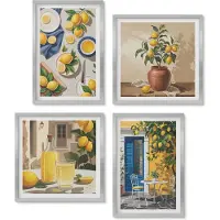 Wallfluent 4-Delige Schilderij Set - Citroentuin met citroenen en drankjes op tafel. - 40 x 40 cm en 40 x 60 cm - Muurdecoratie - Decoratieve Schilderijen - Wohnzimmer - Wanddecoratie