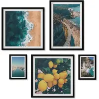 Wallfluent 5-Delige Schilderij Set - Kustlandschappen Met Stranden En Citrusvruchten - 50 x 50 cm, 20 x 30 cm En 40 x 60 cm - Muurdecoratie - Wanddecoratie - Slaapkamer - Moderne Wanddecoratie