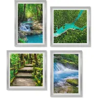 Wallfluent 4-Delige Schilderij Set - Groene bossen en kristalhelder rivierwater - 40 x 40 cm en 40 x 60 cm - Decoratieve Schilderijen - Wanddecoratie - Hal