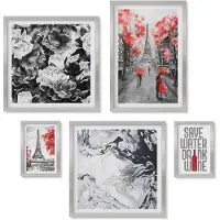 Wallfluent 4-Delige Schilderij Set - Parijse uitzichten met bloemen en abstracte patronen - 50 x 50 cm, 20 x 30 cm en 40 x 60 cm - Wanddecoratie - Muurdecoratie - Moderne Interieurdecoratie