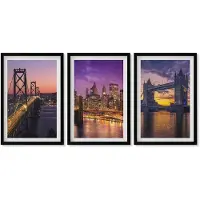 Wallfluent 3-Delige Schilderij Set - Bruggen Bij Zonsondergang En Stedelijke Landschappen - 40 x 60 cm - Schilderijen Set - Wanddecoratie - Woonkamer - Muurdecoratie