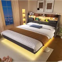 HAUSS SPOLE Gestoffeerd Bed 180x200cm Zonder Matras Met Ledverlichting En Oplaadpunt Hoofdbord Met Opbergruimte Stof Grijs