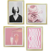 Wallfluent 4-Delige Schilderij Set - Stijlvol portret van een vrouw met champagne en rozen, ontspanning. - 40 x 40 cm en 40 x 60 cm - Wanddecoratie - Woonkamer Decoratie