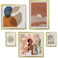 Wallfluent 5-Delige Schilderij Set - Boho-Stijl Met Plantmotieven En Abstracte Patronen. - 50 x 50 cm, 20 x 30 cm En 40 x 60 cm - Muurdecoratie - Wanddecoratie - Slaapkamer - Woonkamer Decoratie