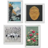 Wallfluent 4-Delige Schilderij Set - Japanse Natuur En Cultuur In Japandi-Stijl - 40 x 40 En 40 x 60 - Muurdecoratie - Wanddecoratie - Slaapkamer