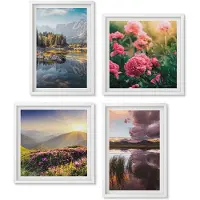 Wallfluent 4-Delige Schilderij Set - Bloemen In De Tuin, Bergweide, Bos En Op Het Wateroppervlak. - 40 x 40 En 40 x 60 - Wanddecoratie - Moderne Interieurdecoratie - Woonkamer Decoratie