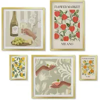 Wallfluent 5-Delige Schilderij Set - Vintage Fruit- En Bloemenbeurzen Uit Europese Steden - 50 x 50 cm, 20 x 30 cm En 40 x 60 cm - Moderne Wanddecoratie - Slaapkamer - Stijlvolle Muurdecoratie
