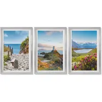 Wallfluent 4-Delige Schilderij Set - Uitzicht op de vuurtoren, het strand, de bergen en de bloemen. - 40 x 60 cm - Wanddecoratie - Muurdecoratie - Moderne Interieurdecoratie - Decoratieve Schilderijen