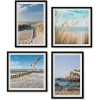 Wallfluent 4-Delige Schilderij Set - Strand Met Een Houten Pad, Zee En Kliffen Aan Zee. - 40 x 40 cm En 40 x 60 cm - Stijlvolle Wanddecoratie - Interieur - Interieur Decoratie