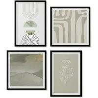 Wallfluent 4-Delige Schilderij Set - Geometrische Patronen Met Plantenaccenten In Groene Tinten. - 40 x 40 cm En 40 x 60 cm - Wanddecoratie - Woonkamer Decoratie