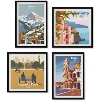 Wallfluent 4-Delige Schilderij Set - Retro-Illustraties Van Beroemde Regio'S Over De Hele Wereld - 40 x 40 cm En 40 x 60 cm - Moderne Wanddecoratie - Slaapkamer