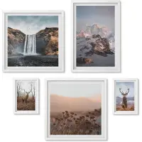 Wallfluent 5-Delige Schilderij Set - Berglandschappen Met Wilde Dieren En Andere Dieren - 50 x 50 cm, 20 x 30 cm En 40 x 60 cm - Muurdecoratie - Interieur Decoratie - Woonkamer Decoratie