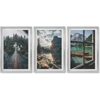 Wallfluent 4-Delige Schilderij Set - Brug in het bos, meer met boten, uitzicht op de bergen - 40 x 60 cm - Stijlvolle Wanddecoratie - Interieur - Interieur Decoratie