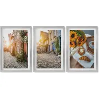 Wallfluent 4-Delige Schilderij Set - Sfeervolle straatjes met koffie en zonnebloemen - 40 x 60 cm - Decoratieve Schilderijen - Woonkamer - Interieur - Stijlvolle Muurdecoratie