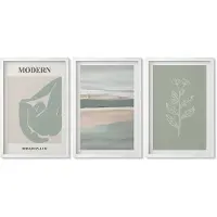 Wallfluent 3-Delige Schilderij Set - Abstracte Vormen In Pasteltinten Met Planten - 40 x 60 - Schilderijen Set - Wanddecoratie - Woonkamer - Moderne Wanddecoratie
