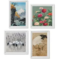 Wallfluent 4-Delige Schilderij Set - Bergen In Het Landschap, Een Rivier, Bloemen En Kraanvogels In Het Gras. - 40 x 40 En 40 x 60 - Wanddecoratie - Muurdecoratie - Woonkamer - Interieur Decoratie