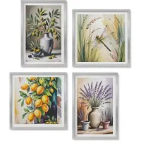 Wallfluent 4-Delige Schilderij Set - Bloemen en olijven in vazen ​​Citroenen Natuur - 40 x 40 cm en 40 x 60 cm - Wanddecoratie - Woonkamer Decoratie - Stijlvolle Muurdecoratie