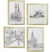 Wallfluent 4-Delige Schilderij Set - Eenvoudige Tekeningen Van Stadsgezichten - 40 x 40 cm En 40 x 60 cm - Wanddecoratie - Schilderijen Set - Kantoor - Moderne Wanddecoratie