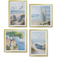 Wallfluent 4-Delige Schilderij Set - Strand Met Surfplanken, Boten En Vogels - 40 x 40 cm En 40 x 60 cm - Wanddecoratie - Schilderijen Set - Kantoor - Woonkamer Decoratie