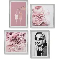 Wallfluent 4-Delige Schilderij Set - Bloemen, pioenrozen, rozen, champagne en een elegante vrouw - 40 x 40 cm en 40 x 60 cm - Wanddecoratie - Moderne Interieurdecoratie - Stijlvolle Muurdecoratie