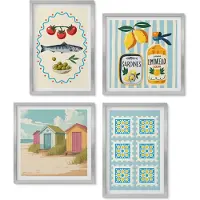 Wallfluent 4-Delige Schilderij Set - Illustraties Van Keukens In Mediterrane Stijl - 40 x 40 cm En 40 x 60 cm - Wanddecoratie - Schilderijen Set - Interieur - Interieur Decoratie