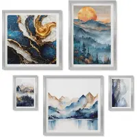 Wallfluent 4-Delige Schilderij Set - Berglandschappen met zonsondergang en abstractie - 50 x 50 cm, 20 x 30 cm en 40 x 60 cm - Muurdecoratie - Interieur Decoratie