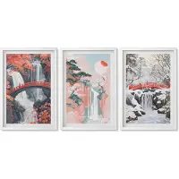 Wallfluent 3-Delige Schilderij Set - Watervallen In Verschillende Seizoenen Met Bruggen En Bomen. - 40 x 60 - Stijlvolle Muurdecoratie - Slaapkamer - Wanddecoratie