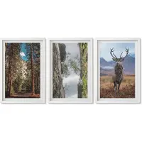 Wallfluent 3-Delige Schilderij Set - Weg Door Het Bos, Bergen En Herten In De Natuur. - 40 x 60 - Wanddecoratie - Schilderijen Set - Kantoor - Woonkamer Decoratie
