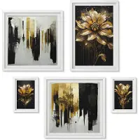 Wallfluent 5-Delige Schilderij Set - Bloemmotieven In Een Elegante, Moderne Stijl. - 50 x 50 cm, 20 x 30 cm En 40 x 60 cm - Moderne Wanddecoratie - Woonkamer