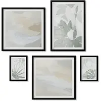 Wallfluent 5-Delige Schilderij Set - Plantmotieven In Ingetogen Grijs En Wit. - 50 x 50 cm, 20 x 30 cm En 40 x 60 cm - Muurdecoratie - Interieur Decoratie - Woonkamer Decoratie