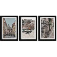 Wallfluent 3-Delige Schilderij Set - Sfeervolle Stadsstraten Met Uitzicht Op De Haven En De Gebouwen. - 20 x 30 cm - Moderne Wanddecoratie - Slaapkamer - Muurdecoratie