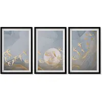 Wallfluent 3-Delige Schilderij Set - Vogels In Vlucht Tegen De Hemel En De Maan. - 40 x 60 cm - Moderne Wanddecoratie - Slaapkamer - Decoratieve Schilderijen