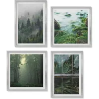 Wallfluent 4-Delige Schilderij Set - Bos in de mist, rivieroever en kas met planten - 40 x 40 cm en 40 x 60 cm - Muurdecoratie - Schilderijen Set - Woonkamer - Wanddecoratie