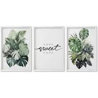 Wallfluent 3-Delige Schilderij Set - Planten In Het Groen Met De Woorden Sweet Home - 40 x 60 - Stijlvolle Wanddecoratie - Interieur - Muurdecoratie