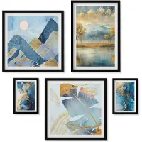 Wallfluent 5-Delige Schilderij Set - Stijlvolle Berglandschappen Met Plantenaccenten - 50 x 50 cm, 20 x 30 cm En 40 x 60 cm - Stijlvolle Wanddecoratie - Interieur - Woonkamer Decoratie
