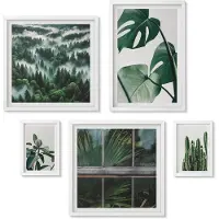 Wallfluent 5-Delige Schilderij Set - Planteninspiratie Met Tropische Bladeren En Cactussen - 50 x 50 cm, 20 x 30 cm En 40 x 60 cm - Wanddecoratie - Woonkamer Decoratie