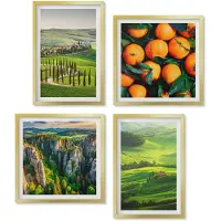Wallfluent 4-Delige Schilderij Set - Italiaans plattelandslandschap met sinaasappelbomen en natuur - 40 x 40 cm en 40 x 60 cm - Wanddecoratie - Woonkamer Decoratie - Decoratieve Schilderijen