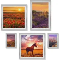 Wallfluent 4-Delige Schilderij Set - Natuurlandschappen met paarden en bloemen in de buitenlucht - 50 x 50 cm, 20 x 30 cm en 40 x 60 cm - Muurdecoratie - Interieur Decoratie - Wanddecoratie