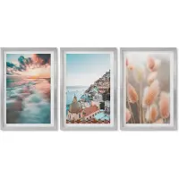 Wallfluent 4-Delige Schilderij Set - Uitzicht op zee, zonsondergang, kleurrijke huizen, bloemen - 40 x 60 cm - Decoratieve Schilderijen - Wanddecoratie - Hal